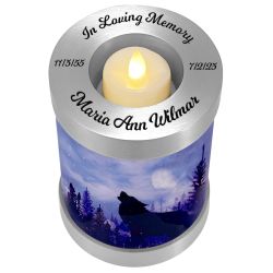Winter Wolf Candle Cremation Urn - Engraving Available - LED Candle Included