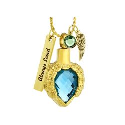 Aqua Winged Heart Gold Necklace Ash Urn - Love Charms Option