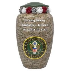 US Army Camouflage Cremation Urn - Tribute Wreath™ Option - Pro Sand Carved Engraving