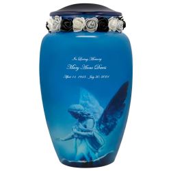 Blue Angel of Protection Cremation Urn - Tribute Wreath™ - Pro Sand Carved Engraving