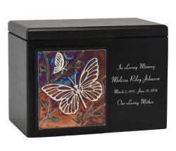 Butterflies Raku Tile On Black Alder Wood Urn