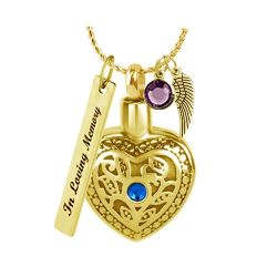 Blue Crystal Floral Gold Heart Pendant Urn - Love Charms Option