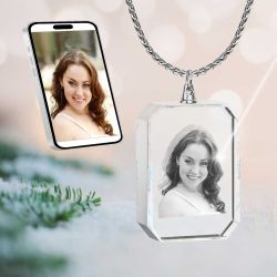 2D Crystal Photo Rectangle Necklace Pendant - Engraving Option - Free Chain