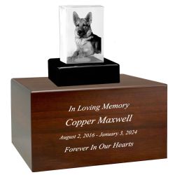 Pet Wood Memorial Urn & Crystal Rectangle Set - Dog or Cat Cremation Crystal Urn