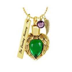 Emerald Winged Heart Gold Necklace Ash Urn