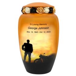 Motorcycle Sunset Cremation Urn - Tribute Wreath Option