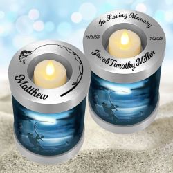 Fisherman Silhouette Candle Cremation Urn - Casting Fishing Urn - Engraving Available - LED Candle Included