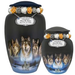 Five Wolves Moon Medium or Adult Cremation Urn - Tribute Wreath Option™ - Pro Sand Carved Engraving