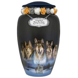 Five Wolves Moon Medium or Adult Cremation Urn - Tribute Wreath Option™ - Pro Sand Carved Engraving