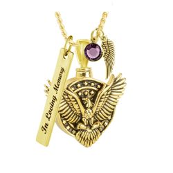 Gold American Eagle Cremation Pendant Urn - Love Charms Option