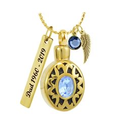 Light Blue Oval Birthstone Gold Urn Pendant - Love Charms Option