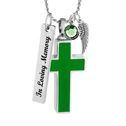 Green Stainless Cross Cremation Jewelry Urn - Love Charms Option