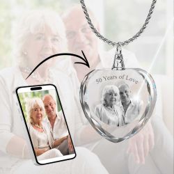 2D Crystal Photo Heart Necklace Pendant - Engraving Option - Free Chain