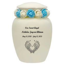 Ivory Child Wings Urn & Blue Tribute Wreath™ - Pro Sand Carved Engraving