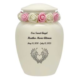 Ivory Child Wings Urn & Pink Tribute Wreath™ - Pro Sand Carved Engraving
