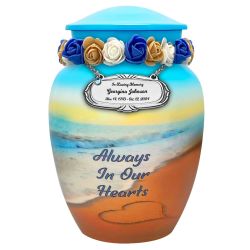 Always In Our Hearts Beach Medium Cremation Urn - Tribute Wreath™ Option - Pro Sand Carved Engraving