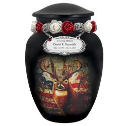 Buck USA Flag Deer Medium Cremation Urn - Tribute Wreath™ Option - Pro Sand Carved Engraving