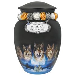 Five Wolves Moon Medium Cremation Urn - Tribute Wreath Option™ - Pro Sand Carved Engraving