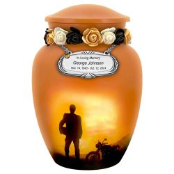 Motorcycle Rider Silhouette Medium Urn - Tribute Wreath Option™ - Pro Sand Carved Engraving