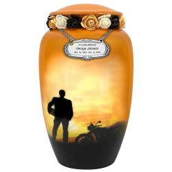 Motorcycle Rider Silhouette Medium or Adult Cremation Urn - Tribute Wreath Option™ - Pro Sand Carved Engraving