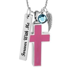 Pink Stainless Cross Cremation Jewelry Urn - Love Charms Option
