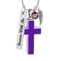 Purple Stainless Cross Cremation Jewelry Urn - Love Charms Option