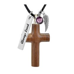 Rounded Cross Walnut Cremation Necklace Urn - Love Charms Option