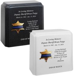 Sheriff Badge Blue Line Mourning Band Granite Adult Cremation Urn - Free Engraving