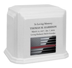 Thin Red Line Firefighter Monarch White Granite Adult Cremation Urn