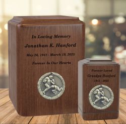 Football Player Medallion Keepsake or Adult Wood Urn - Free Laser Engraving