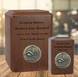 Swimmer Medallion Keepsake or Adult Wood Urn - Free Laser Engraving
