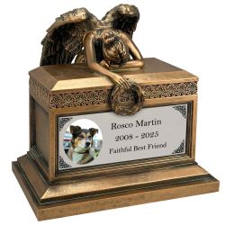 Weeping Angel Photo Pet Cremation Urn - Custom Silver Engraving - Beautiful Mourning Angel
