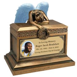 Weeping Angel Photo Adult Cremation Urn - Custom Wings & Gold Engraving - Beautiful Mourning Angel