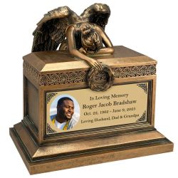 Weeping Angel Photo Adult Cremation Urn - Gold Plate Engraving - Beautiful Mourning Angel