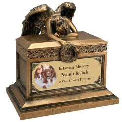 Weeping Angel Photo Pet Cremation Urn - Custom Gold Engraving - Beautiful Mourning Angel