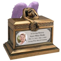 Weeping Angel Photo Adult Cremation Urn - Custom Wings & Silver Engraving - Beautiful Mourning Angel