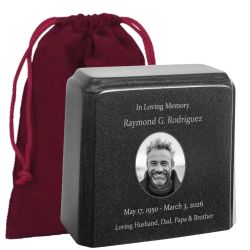 Black Granite Photo Adult Urn - Full Color or Black & White Picture Urn - Free Burgundy Bag
