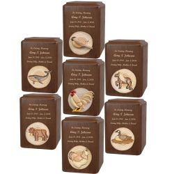 Animal Alder Wood Intarsia Handmade Adult Urns - Chickadee, Goose, Pony, Cow, Rooster, Chicken & Whale