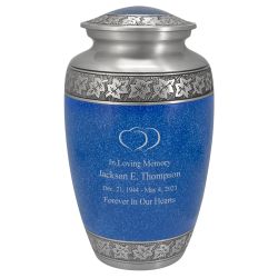 Leaves Of Peace Double Hearts Pewter Blue Urn - Tribute Wreath™ - Pro Diamond Engraving