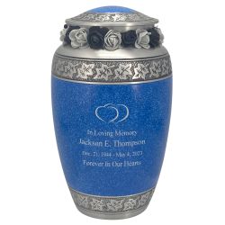 Leaves Of Peace Double Hearts Pewter Blue Urn - Tribute Wreath™ - Pro Diamond Engraving
