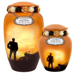 Motorcycle Rider Silhouette Medium or Adult Cremation Urn - Tribute Wreath™ - Pro Personalization - Burial Vault Option