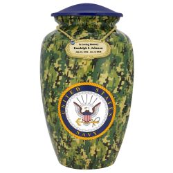US Navy Camouflage Cremation Urn - Tribute Wreath™ Option - Pro Sand Carved Engraving