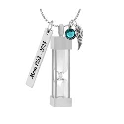 Hourglass Square Necklace Ash Urn - Love Charms® Option - Ash Holder - Custom Engraving - Stainless Steel - Free Birthstone & Chain