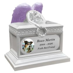 Weeping Angel Pearl White Photo Pet Cremation Urn - Custom Wings & Plate Engraving - Beautiful Mourning Angel