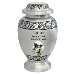 Pewter Leaves Pet Photo Urn - Tribute Wreath™ Option - Pro Diamond Engraving