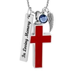 Red Stainless Cross Cremation Jewelry Urn - Love Charms Option