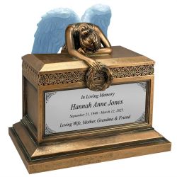 Weeping Angel Blue Adult Cremation Urn - Custom Engraving - Beautiful Mourning Angel - Adult Sized