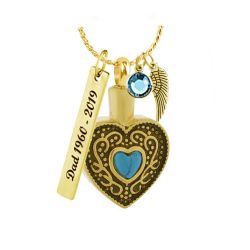 Light Blue Oval Birthstone Gold Urn Pendant - Love Charms Option