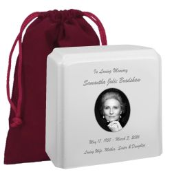 White Granite Photo Adult Urn - Full Color or Black & White Picture Urn - Free Burgundy Bag