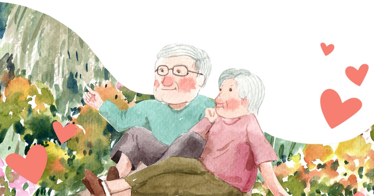 Illustration of an older couple in love enjoying the natural scenery.
